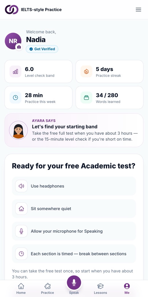 The student dashboard on a phone: band, streak, practice time and words learned